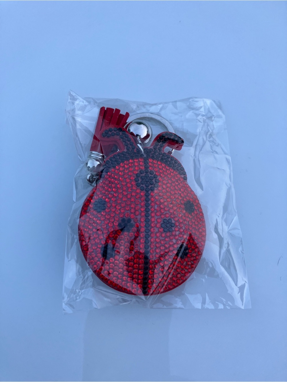 NWT Ladybug Keychain Bag Charm with Tassel Gem & Crystal Encrusted - Silver